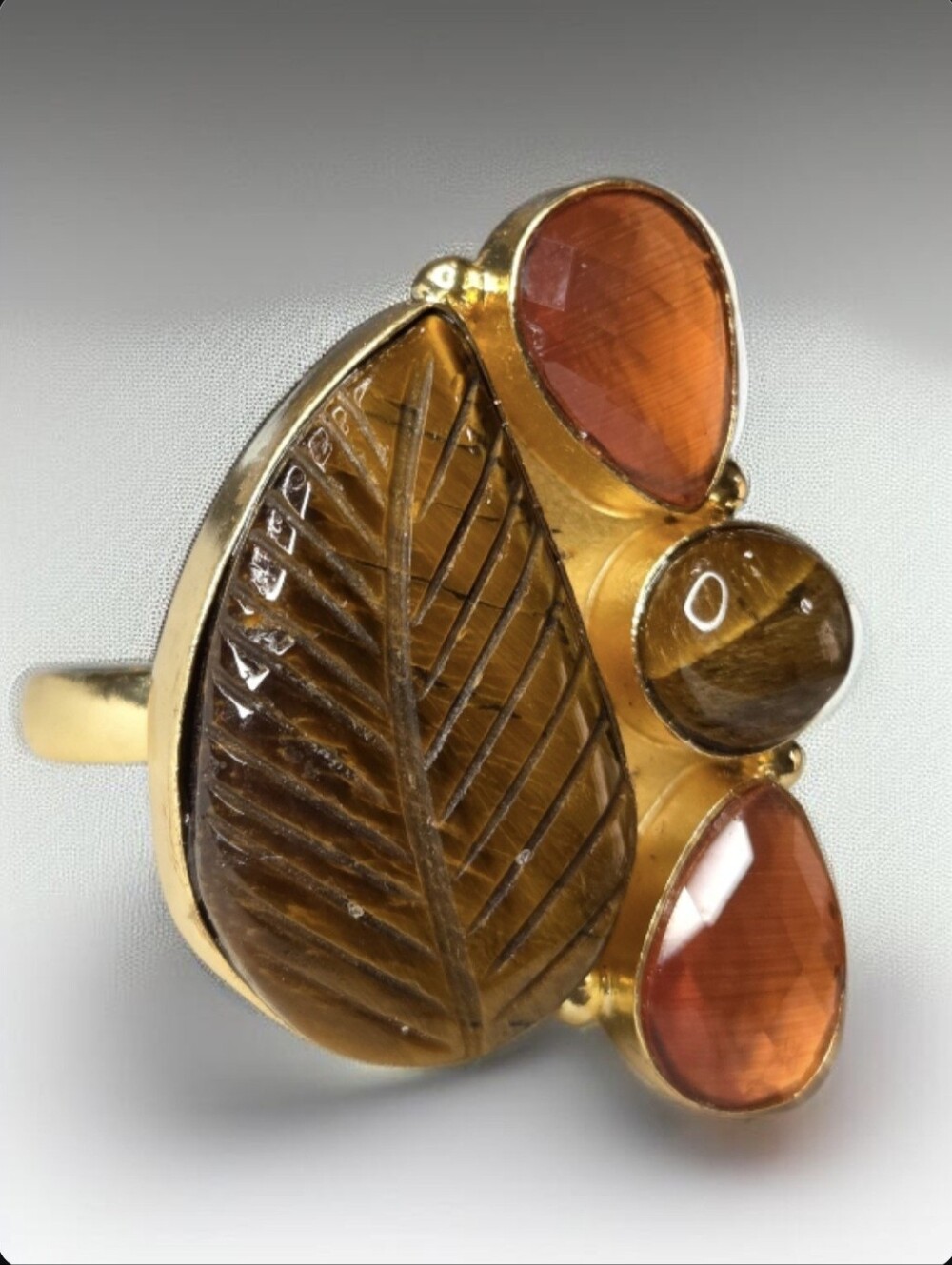 18k Gold Plated Artisan Carved Tigers Eye Carnelian Statement Ring